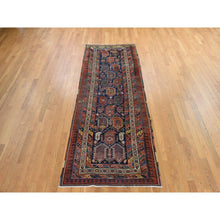 Load image into Gallery viewer, 3&#39;10&quot;x9&#39;10&quot; Navy Blue, Antique Persian, Kurdish Village, Even Wear, Clean, Pliable And Soft Low Pile, Paisley Botteh Design, 100% Wool, Hand Knotted, Wide Runner, Oriental Rug FWR471024