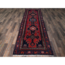 Load image into Gallery viewer, 3x9&#39;2&quot; Merlot Red, Vintage Persian Hamadan with Geometric Pattern, Small Bird Figurines, Shaved Down, Zero Pile, Sides and Ends Professionally Secured, Hand Knotted, Pure Wool, Runner, Oriental Rug FWR4728