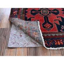 Load image into Gallery viewer, 3x9&#39;2&quot; Merlot Red, Vintage Persian Hamadan with Geometric Pattern, Small Bird Figurines, Shaved Down, Zero Pile, Sides and Ends Professionally Secured, Hand Knotted, Pure Wool, Runner, Oriental Rug FWR4728