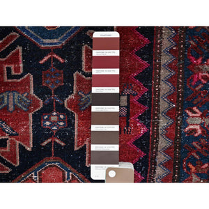 3x9'2" Merlot Red, Vintage Persian Hamadan with Geometric Pattern, Small Bird Figurines, Shaved Down, Zero Pile, Sides and Ends Professionally Secured, Hand Knotted, Pure Wool, Runner, Oriental Rug FWR4728