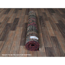 Load image into Gallery viewer, 3x9&#39;2&quot; Merlot Red, Vintage Persian Hamadan with Geometric Pattern, Small Bird Figurines, Shaved Down, Zero Pile, Sides and Ends Professionally Secured, Hand Knotted, Pure Wool, Runner, Oriental Rug FWR4728