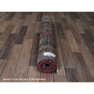 3x9'2" Merlot Red, Vintage Persian Hamadan with Geometric Pattern, Small Bird Figurines, Shaved Down, Zero Pile, Sides and Ends Professionally Secured, Hand Knotted, Pure Wool, Runner, Oriental Rug FWR4728