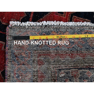3'x9'3" Deep and Saturated Red with Touches of Navy Blue, Afghan Khamyab with Geometric Design, Soft Wool Hand Knotted, Runner Oriental Rug FWR430926