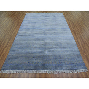 6'1"x9'1" Denim Blue, Wool And Silk Hand Knotted, Modern Grass Design Gabbeh Densely Woven, Oriental Rug FWR474732