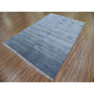 6'1"x9'1" Denim Blue, Wool And Silk Hand Knotted, Modern Grass Design Gabbeh Densely Woven, Oriental Rug FWR474732