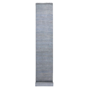 2'7"x15'5" Shades of Blue, Modern Grass Design Gabbeh, Densely Woven Wool and Silk Hand Knotted, XL Runner Oriental Rug FWR474798