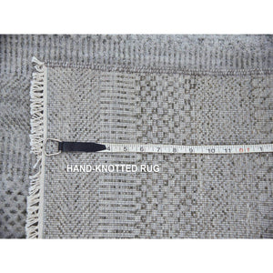 2'6"x10' Gray, Hand Knotted Modern Grass Design Gabbeh, Densely Woven Wool And Silk, Runner Oriental Rug FWR474804