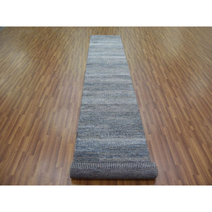 2'7"x14' Charcoal Gray, Densely Woven Wool and Silk Hand Knotted, Modern Grass Design Gabbeh, Runner Oriental Rug FWR474816