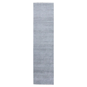 2'6"x10'1" Light Gray, Modern Grass Design Gabbeh, Densely Woven Wool and Silk Hand Knotted, Runner Oriental Rug FWR474822