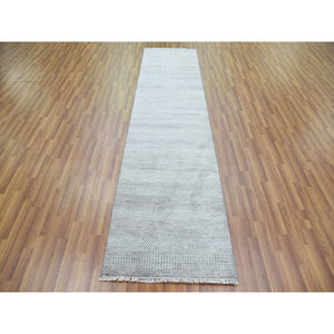 2'6"x10'1" Light Gray, Modern Grass Design Gabbeh, Densely Woven Wool and Silk Hand Knotted, Runner Oriental Rug FWR474822