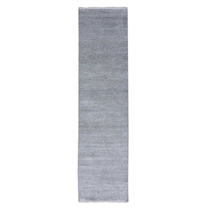 2'7"x10' Gray, Wool and Silk Hand Knotted, Modern Grass Design Gabbeh Densely Woven, Runner Oriental Rug FWR474834