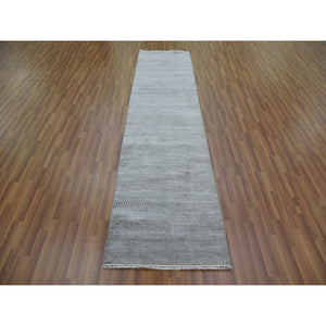 2'7"x10' Gray, Wool and Silk Hand Knotted, Modern Grass Design Gabbeh Densely Woven, Runner Oriental Rug FWR474834