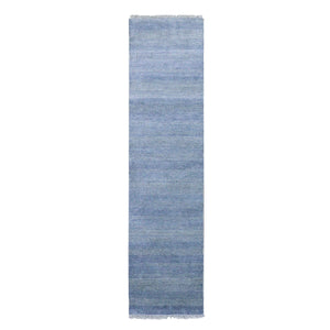 2'6"x9'10" Blue, Hand Knotted Modern Grass Design Gabbeh, Densely Woven Wool and Silk, Runner Oriental Rug FWR474858