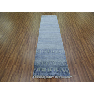 2'6"x9'10" Blue, Hand Knotted Modern Grass Design Gabbeh, Densely Woven Wool and Silk, Runner Oriental Rug FWR474858