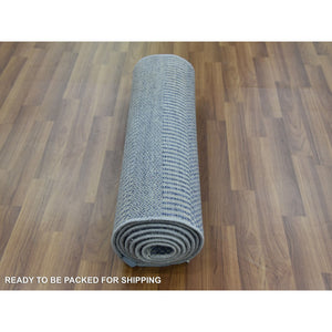 2'6"x9'10" Blue, Hand Knotted Modern Grass Design Gabbeh, Densely Woven Wool and Silk, Runner Oriental Rug FWR474858
