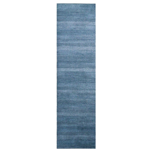 2'9"x11'4" Teal Blue, Modern Grass Design Gabbeh, Densely Woven Wool and Silk Hand Knotted, Runner Oriental Rug FWR474924