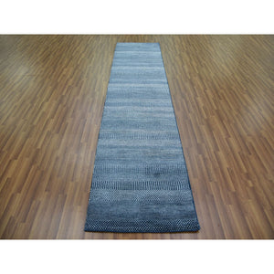 2'9"x11'4" Teal Blue, Modern Grass Design Gabbeh, Densely Woven Wool and Silk Hand Knotted, Runner Oriental Rug FWR474924