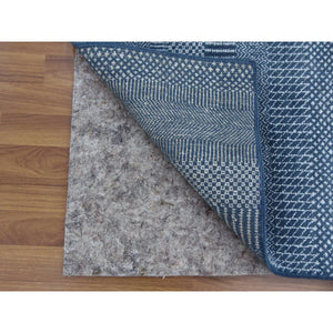 2'9"x11'4" Teal Blue, Modern Grass Design Gabbeh, Densely Woven Wool and Silk Hand Knotted, Runner Oriental Rug FWR474924