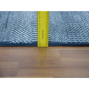2'9"x11'4" Teal Blue, Modern Grass Design Gabbeh, Densely Woven Wool and Silk Hand Knotted, Runner Oriental Rug FWR474924