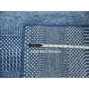 2'9"x11'4" Teal Blue, Modern Grass Design Gabbeh, Densely Woven Wool and Silk Hand Knotted, Runner Oriental Rug FWR474924