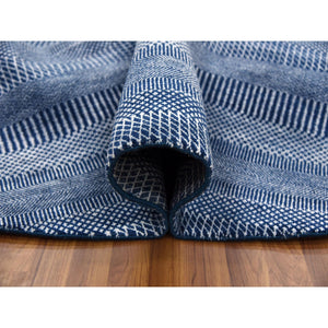 8'x8' Navy Blue, Wool And Silk Hand Knotted, Modern Grass Design Gabbeh Densely Woven, Round Oriental Rug FWR474966