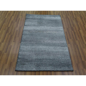 3'3"x5' Charcoal Gray, Wool and Silk Hand Knotted, Modern Grass Design Gabbeh Densely Woven, Oriental Rug FWR475518