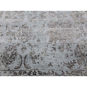 8'10"x11'9" Silver Gray, Wool And Silk Hand Knotted, Broken Erased Persian Tabriz Design, Oriental Rug FWR475668