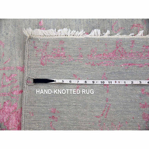 9'x11'10" Sage Gray With Touches Of Pink, Broken Erased Persian Design Wool And Silk Hand Knotted, Oriental Rug FWR475704