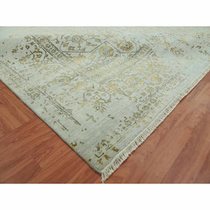 10'x14' Gray With Touches Of Gold, Hand Knotted Broken Persian Erased Heriz Design, Wool And Silk, Oriental Rug FWR475740