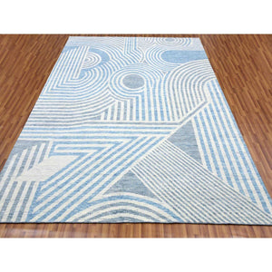 9'x12' Steel Blue, Hand Knotted Geometric Art Deco Collection, Soft To The Touch Pure Wool, Oriental Rug FWR475758