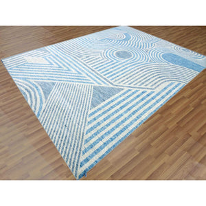 9'x12' Steel Blue, Hand Knotted Geometric Art Deco Collection, Soft To The Touch Pure Wool, Oriental Rug FWR475758
