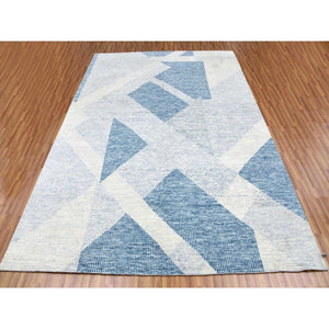 9'2"x12'3" Steel Blue, Soft Pile Organic Wool, Hand Knotted Geometric Art Deco Collection, Oriental Rug FWR475764