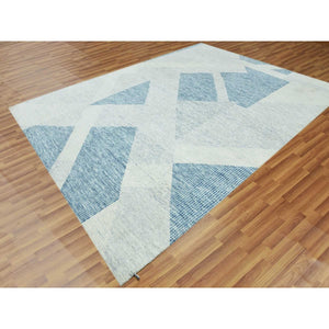 9'2"x12'3" Steel Blue, Soft Pile Organic Wool, Hand Knotted Geometric Art Deco Collection, Oriental Rug FWR475764