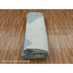 9'2"x12'3" Steel Blue, Soft Pile Organic Wool, Hand Knotted Geometric Art Deco Collection, Oriental Rug FWR475764