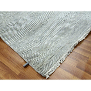 9'x12'1" Battleship Gray, Wool And Silk Hand Knotted, Grass Design Dense Weave, Tone On Tone Soft To Touch, Oriental Rug FWR475842