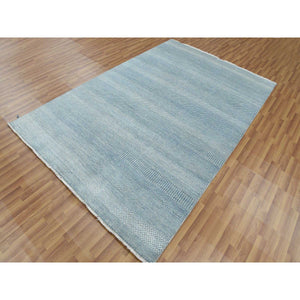 6'x9'3" Queen Blue, Grass Design Dense Weave, Tone On Tone Soft Pile, Wool And Silk Hand Knotted, Oriental Rug FWR476184