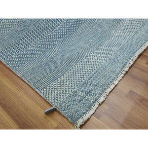 6'x9'3" Queen Blue, Grass Design Dense Weave, Tone On Tone Soft Pile, Wool And Silk Hand Knotted, Oriental Rug FWR476184