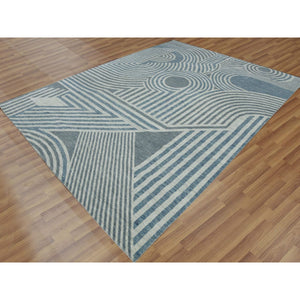 9'1"x12'1" Steel Blue, Pure Wool Hand Knotted, Geometric Art Deco Collection Soft To The Touch, Oriental Rug FWR476466