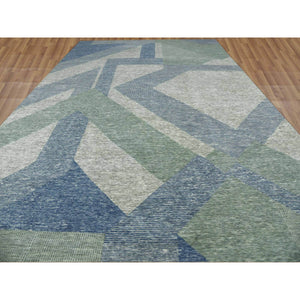 12'2"x18'3" Camouflage Green, Geometric Art Deco Collection, Natural Wool Hand Knotted, Oversized Oriental Rug FWR476484