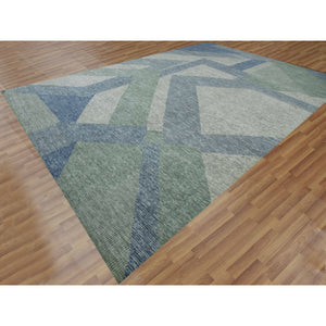 12'2"x18'3" Camouflage Green, Geometric Art Deco Collection, Natural Wool Hand Knotted, Oversized Oriental Rug FWR476484