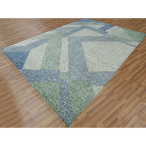 10'x14' Camouflage Green, 100% Wool Hand Knotted, Geometric Art Deco Collection, Oriental Rug FWR476496