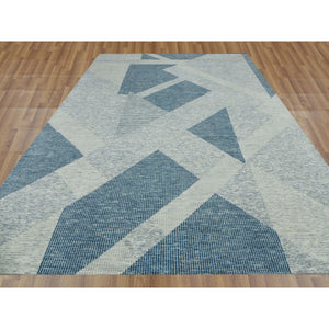10'2"x14'2" Stone Blue, 100% Wool Hand Knotted, Geometric Art Deco Collection, Oriental Rug FWR476532