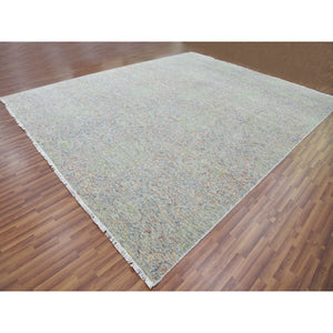 12'x15'2" Green, Oversize, Soft Luxurious Wool, Tone On Tone Obscured And Subtle Collection,  Hand Knotted, Oriental Rug FWR476658