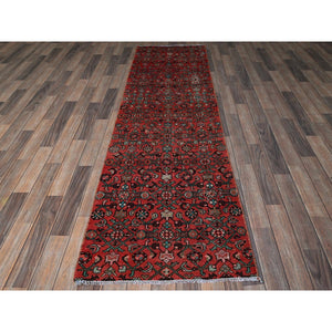 2'5"x8'8" Crimson Red, Vintage Persian Hussainabad with All Over Design, Cropped Thin, Zero Pile, Sides and Ends Professionally Secured, Hand Knotted, Pure Wool, Fragment, Runner, Oriental Rug Sh794 FWR4764