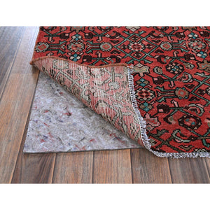 2'5"x8'8" Crimson Red, Vintage Persian Hussainabad with All Over Design, Cropped Thin, Zero Pile, Sides and Ends Professionally Secured, Hand Knotted, Pure Wool, Fragment, Runner, Oriental Rug Sh794 FWR4764