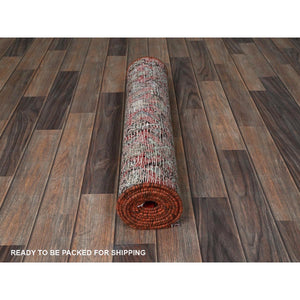2'5"x8'8" Crimson Red, Vintage Persian Hussainabad with All Over Design, Cropped Thin, Zero Pile, Sides and Ends Professionally Secured, Hand Knotted, Pure Wool, Fragment, Runner, Oriental Rug Sh794 FWR4764