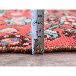 2'5"x8'8" Crimson Red, Vintage Persian Hussainabad with All Over Design, Cropped Thin, Zero Pile, Sides and Ends Professionally Secured, Hand Knotted, Pure Wool, Fragment, Runner, Oriental Rug Sh794 FWR4764