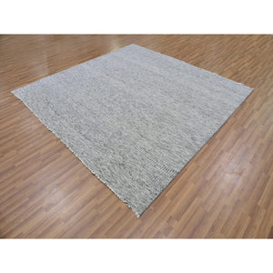 8'x8' Silver Gray, Natural Undyed Wool, Modern Grass Design, Hand Knotted, Tone On Tone, Square Oriental Rug FWR477072