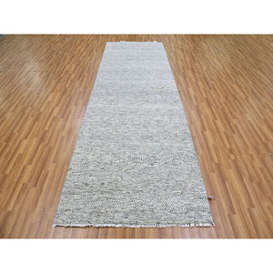 4'x12'2" Medium Gray, Tone On Tone, Modern Grass Design, Organic Undyed Wool, Hand Knotted, Wide Runner Oriental Rug FWR477180