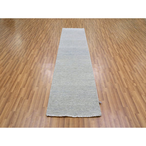 2'6"x10'2" Pastel Gray, Modern Hand Knotted Grass Design, Organic Undyed Wool, Tone On Tone, Runner Oriental Rug FWR477276